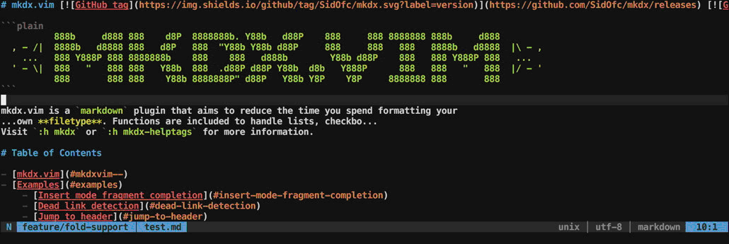 mkdx fold table of contents and fenced code-blocks