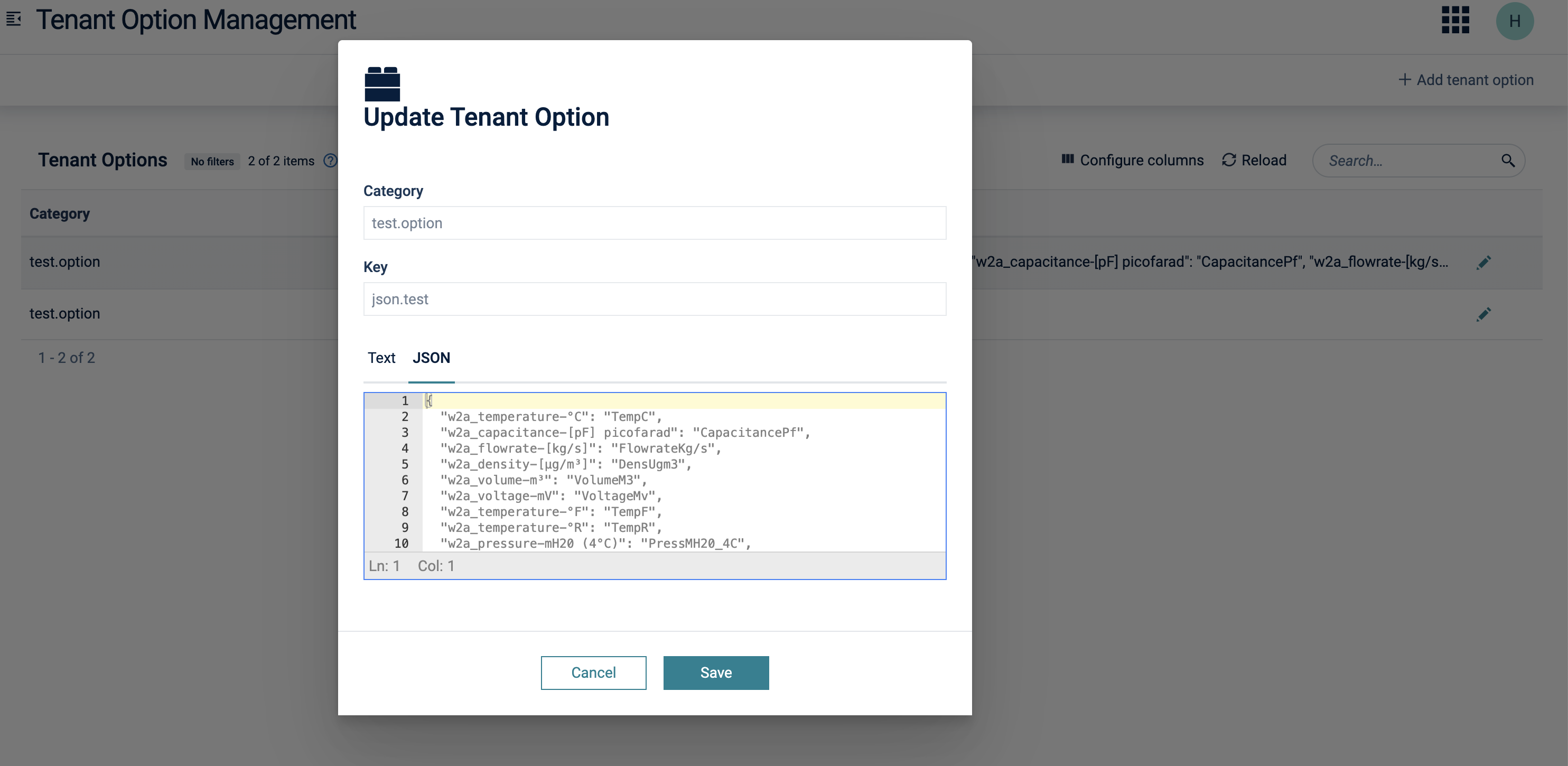 alt Update of a tenant option with JSOn value example
