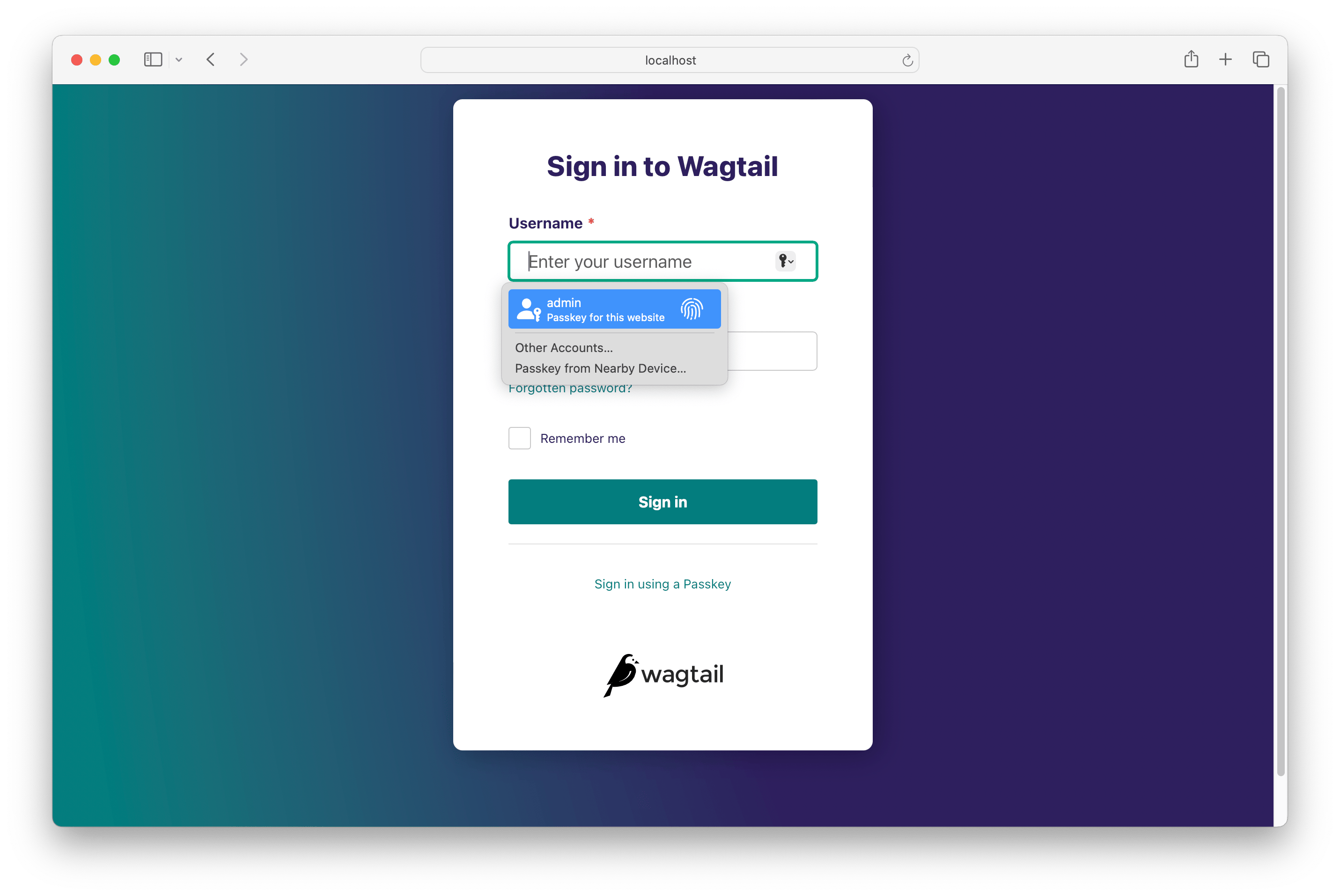 Wagtail login page showing a browser prompt to login to this site using saved Passkey