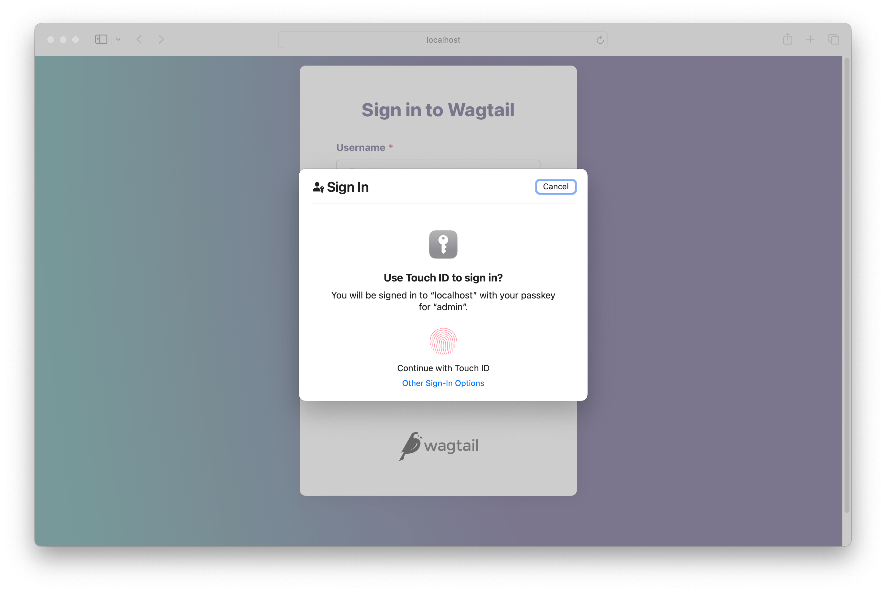 Wagtail login page showing a browser prompt asking for a fingerprint scan