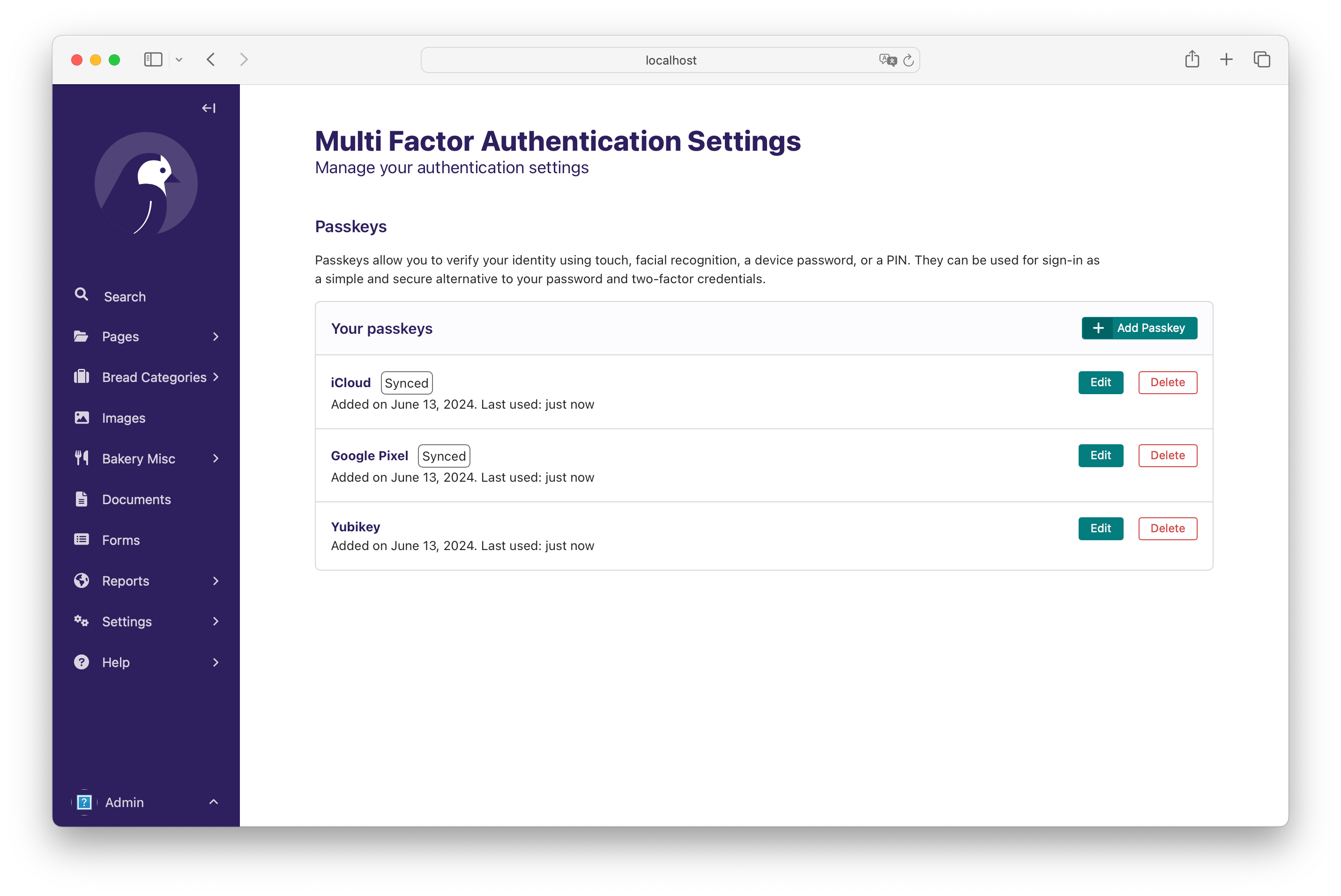 Wagtail account settings page showing a list of registered Passkeys