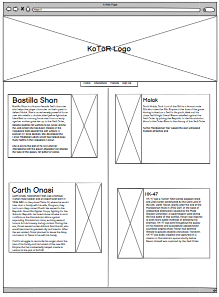 Characters Page Wireframe