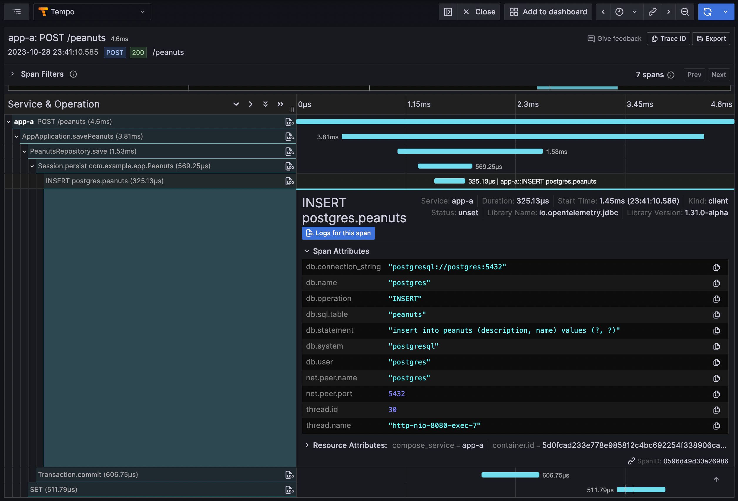 Span data of PostgreSQL actions