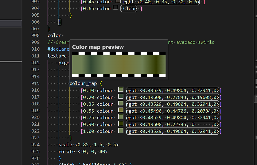 Screenshot of VS Code features with POV-Ray scene language