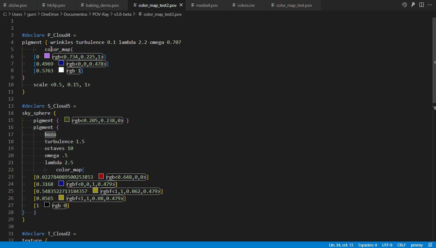 Screenshot of VS Code features with POV-Ray scene language