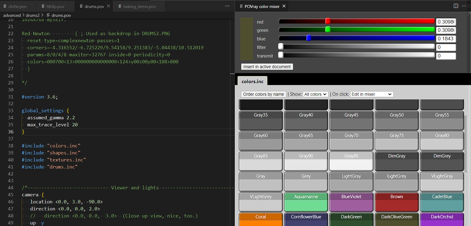 Screenshot of VS Code features with POV-Ray scene language