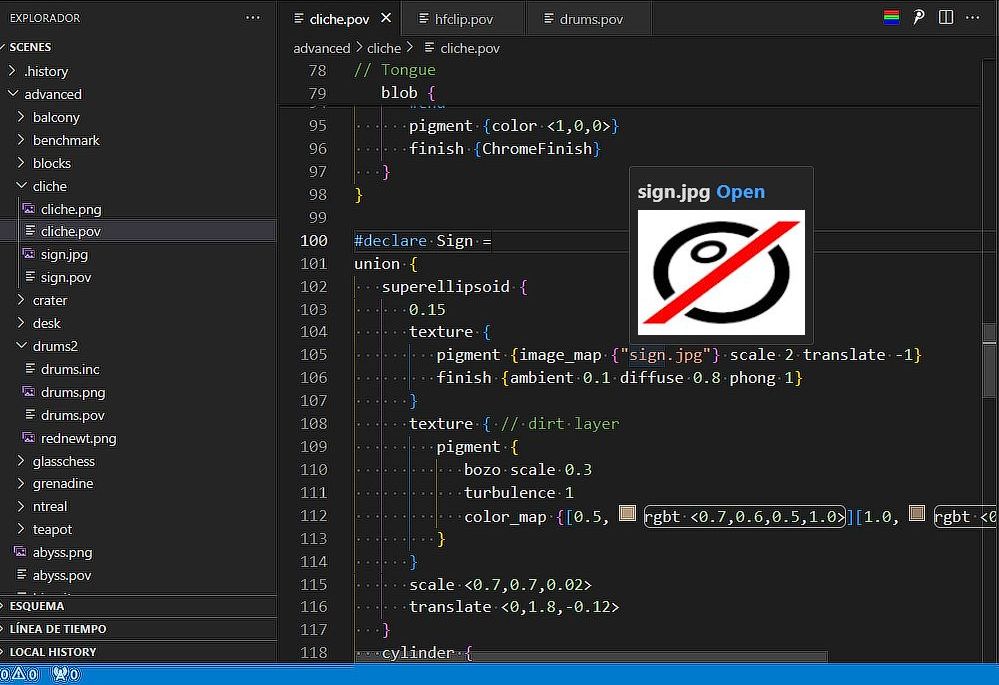 Screenshot of VS Code features with POV-Ray scene language
