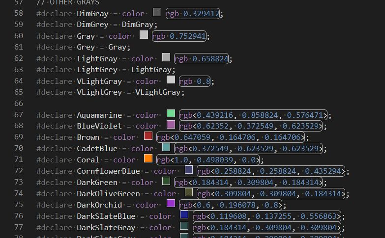 Screenshot of VS Code features with POV-Ray scene language