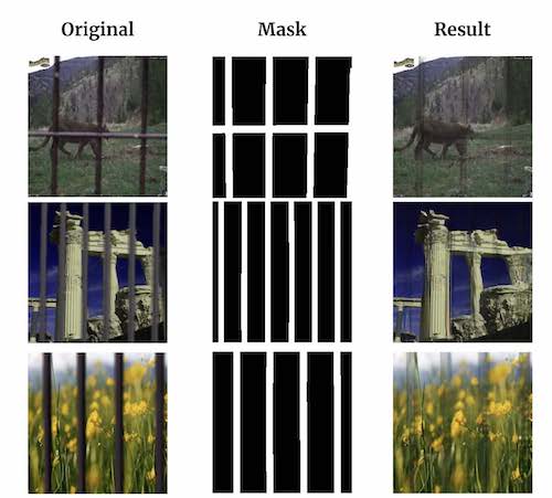 Fig. 7 Example Output of our transfer learned DeepFill v2, with separate images demonstrating the input, mask, and output