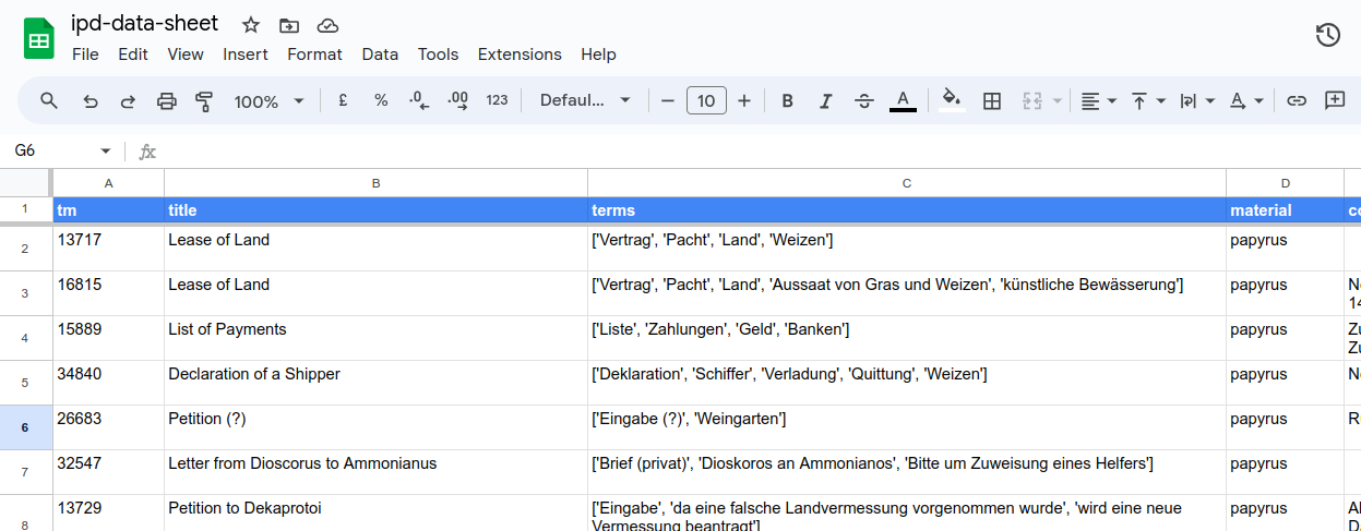 Screenshot of the Google Sheets