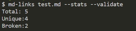 Imagen de Usando md-links con options --stats --validate 