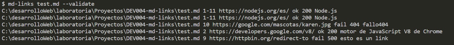 Imagen de Usando md-links con options --validate 