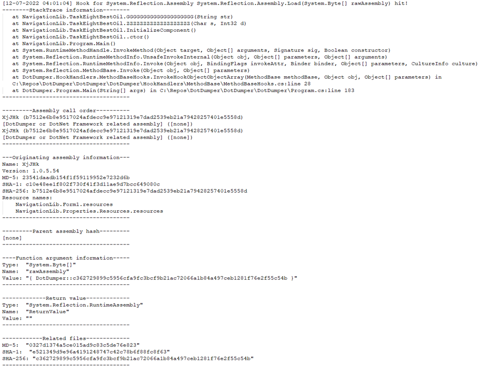 The log for an intercepted Assembly.Load(byte[] rawAssembly) function call