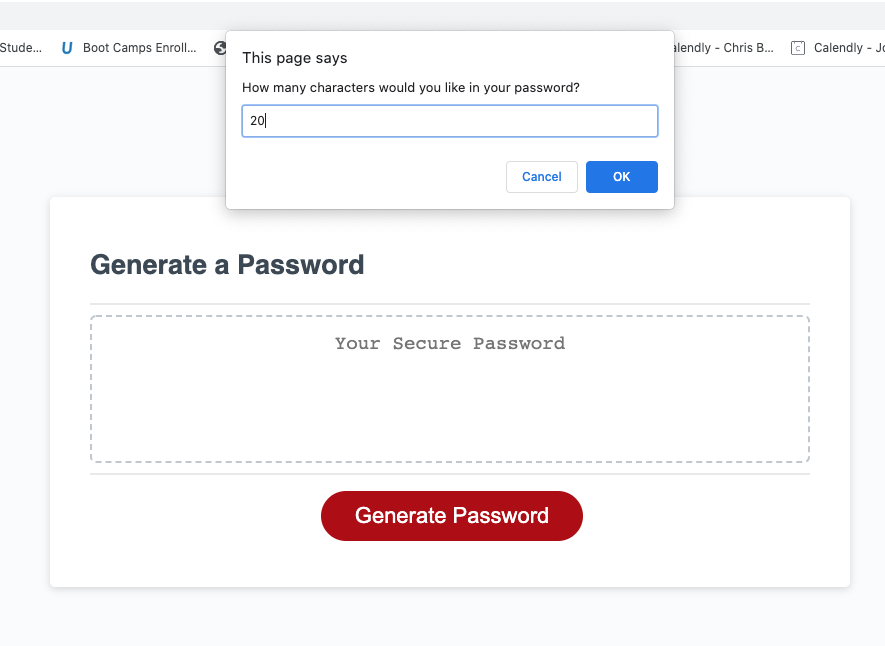 The Password Generator application displays a red button to "Generate Password".