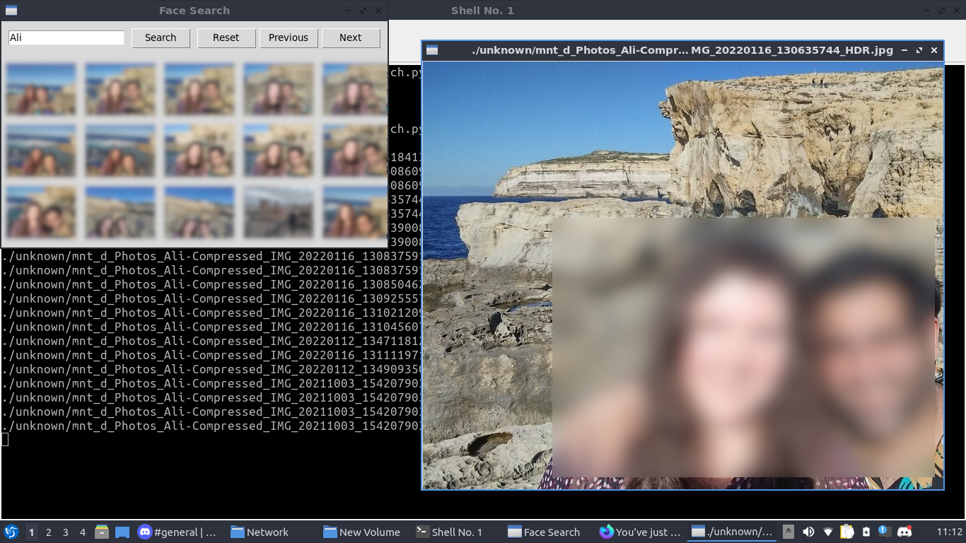 Screenshot of face_search.py showing Tkinter GUI with some image results and one image opened fullsize