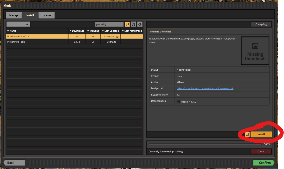 Screenshot of Factorio, installing mod