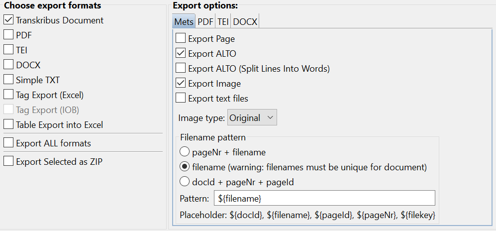 Transkribus Export Parameters