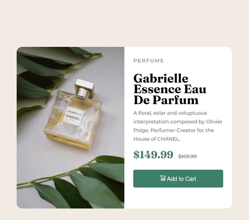 beigh background with a product card displaying a bottle of perfume and a description