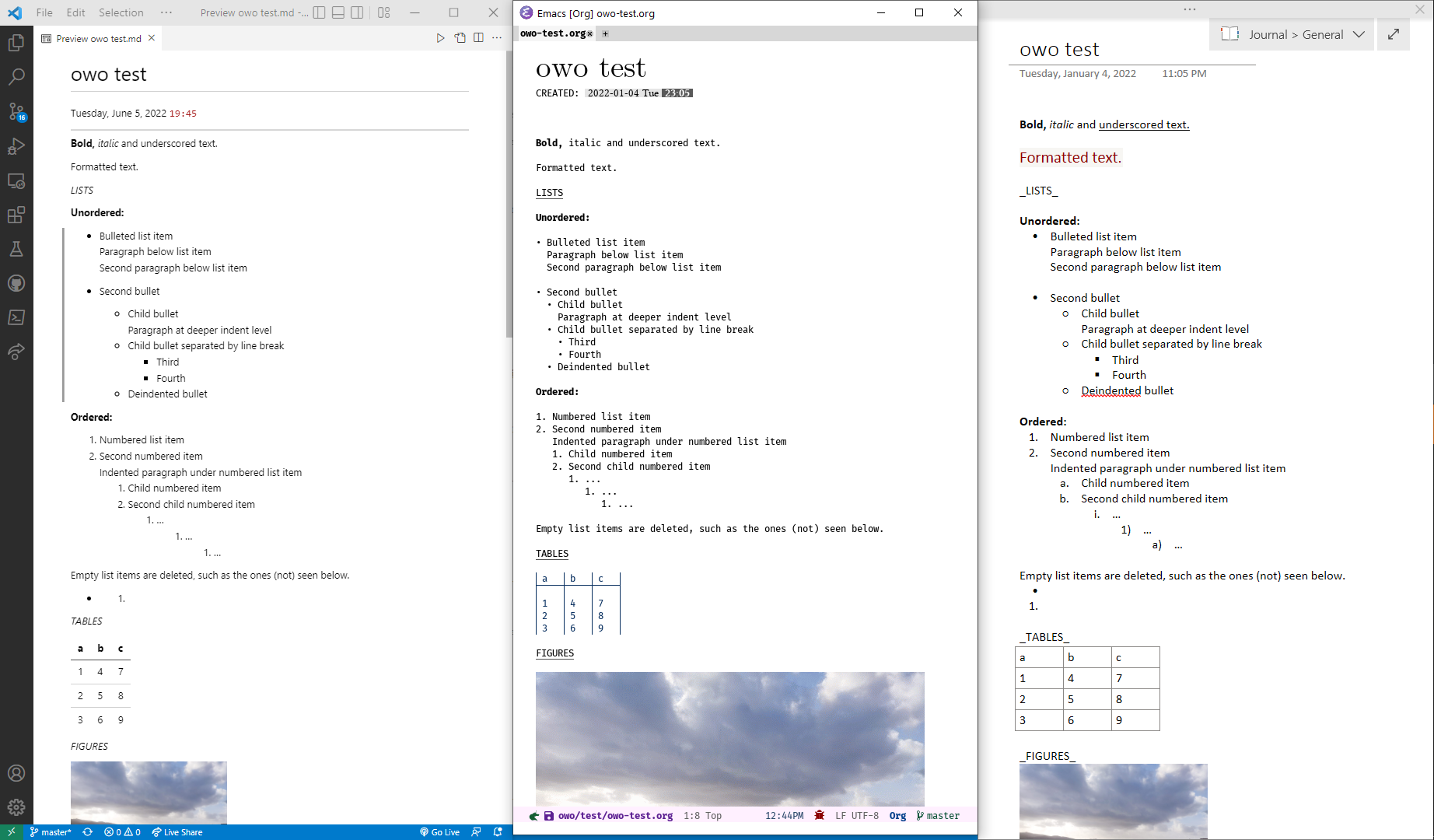 OneNote test note along Org Mode and markdown exports