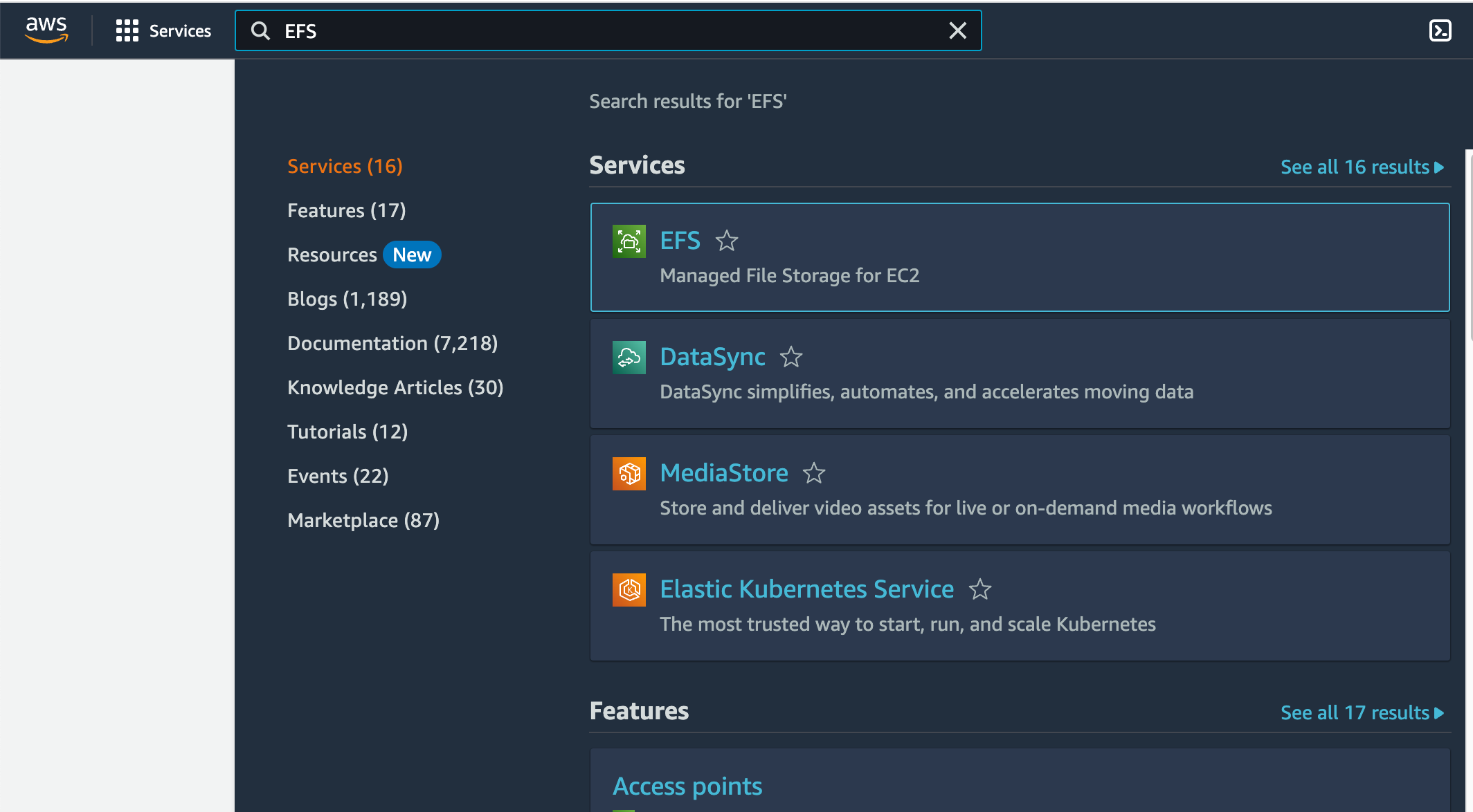 Select EFS from AWS Console