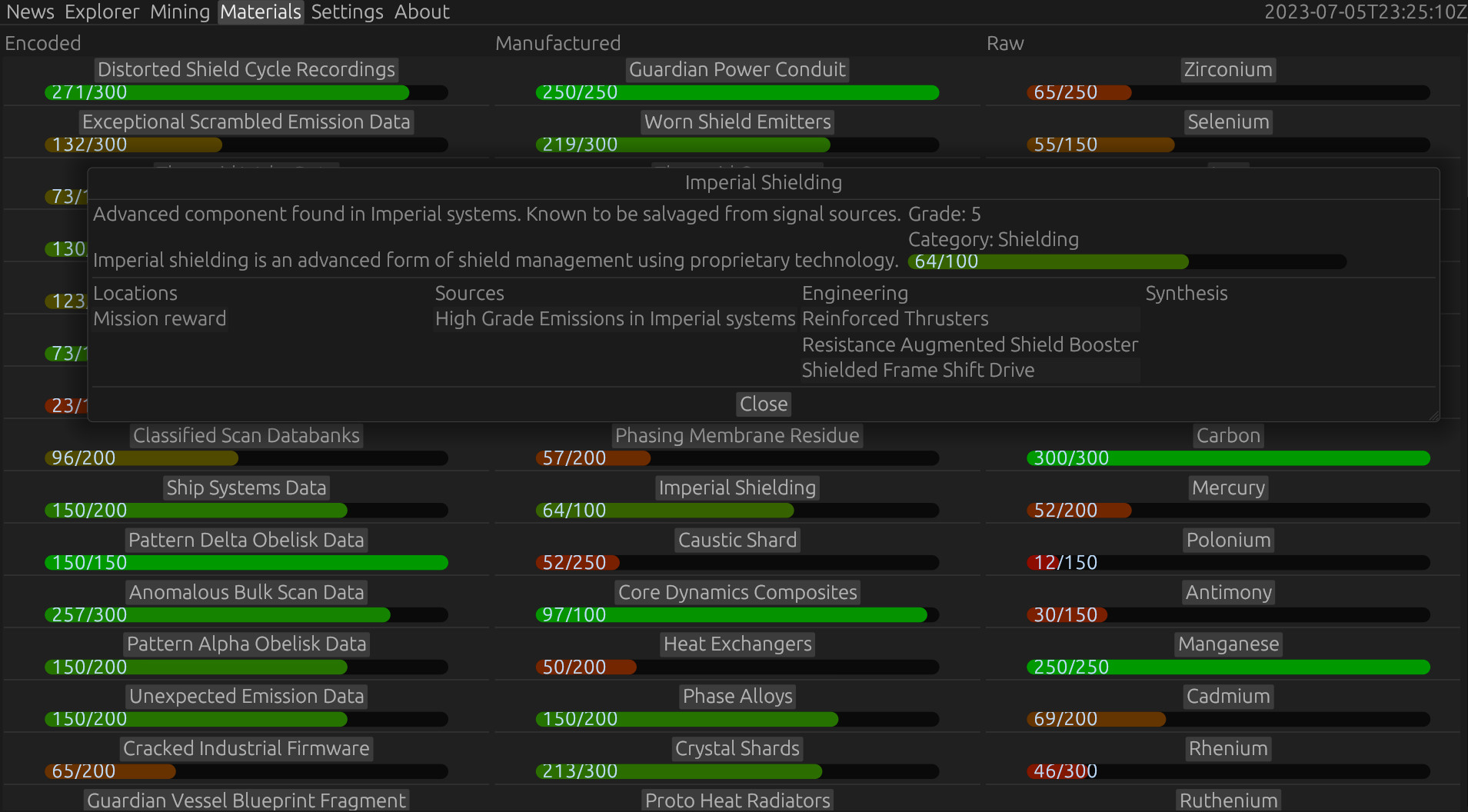 Screenshot of materials panel