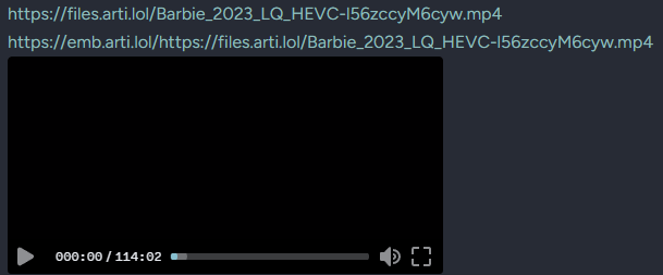 screenshot from discord of two messages. shows one link to a video file, not embedding. shows the same link with emb.arti.lol in front of it, which embeds