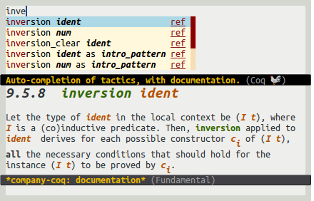 Auto-completion of tactics, with documentation