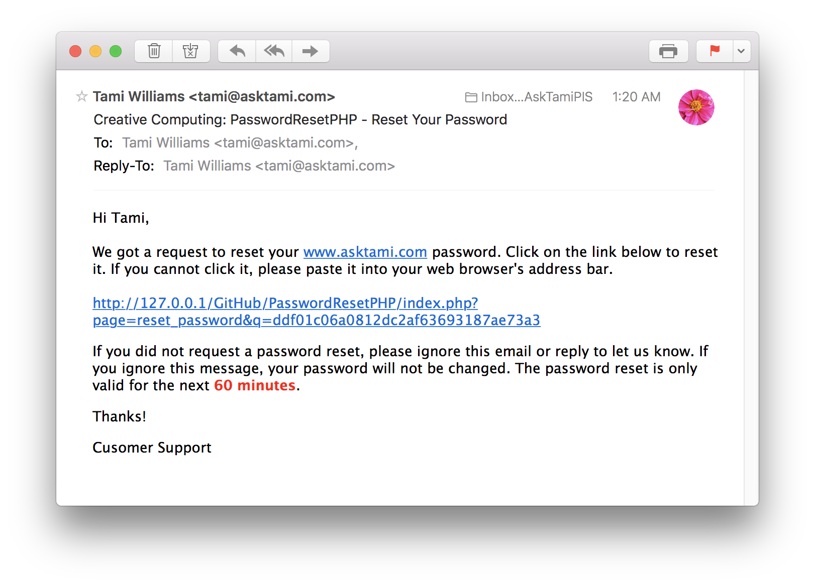 password reset email