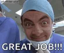 Gif animado do personagem Mr.Bean vestido de médico mostrando o dedo polegar, dando um sinal de 'positivo' e sorrindo. Com o texto 'Good Job!!!' na legenda