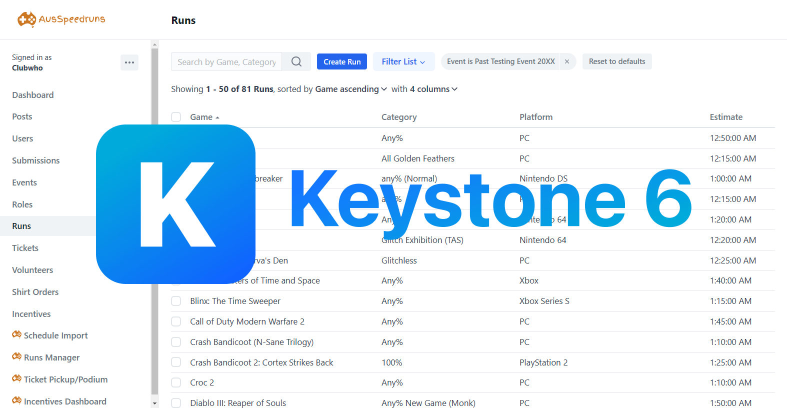 The runs page of the Keystone back-end with the Keystone 6 logo overlayed on top