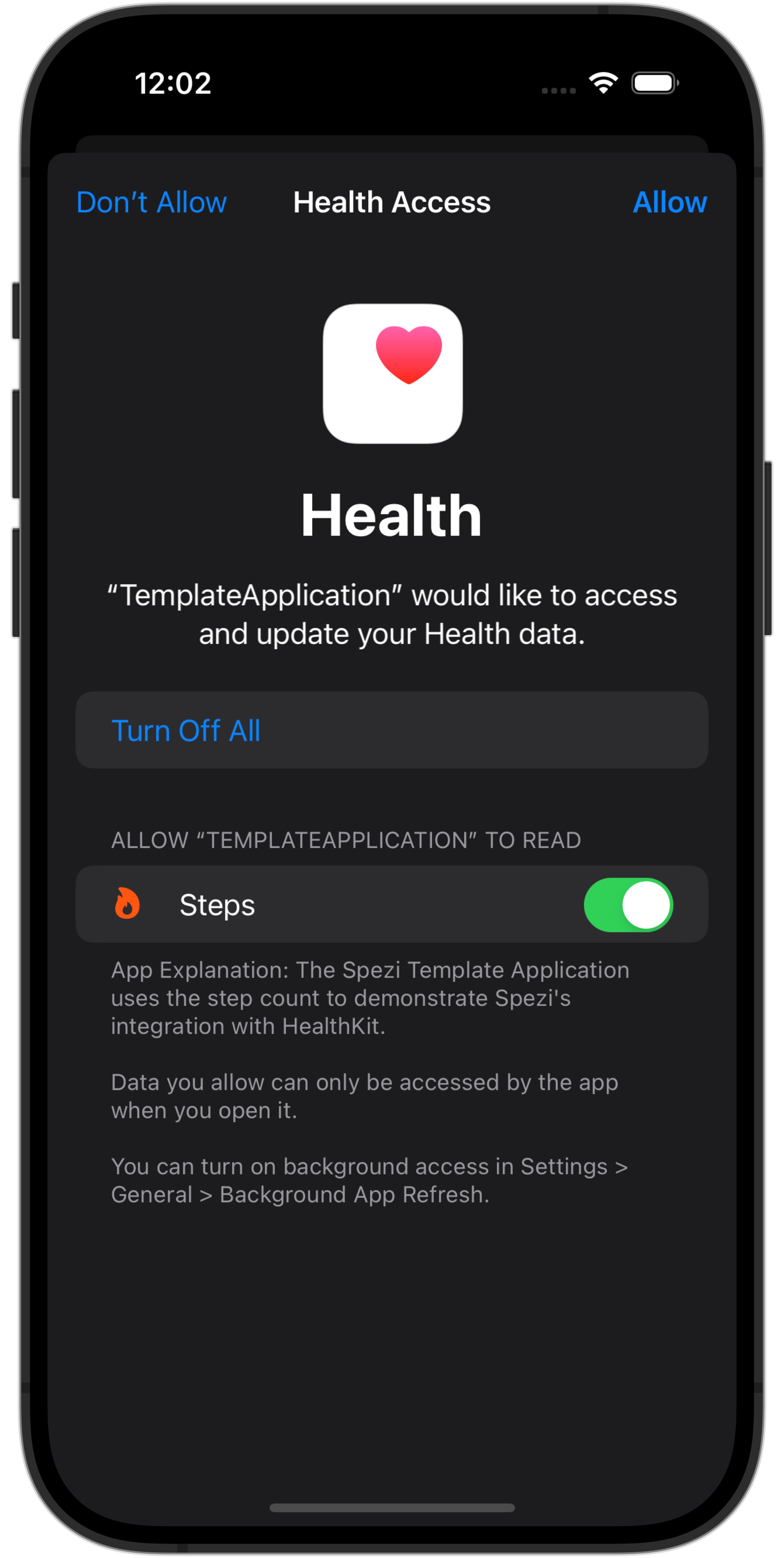 Permissions screen of the HealthKit framework