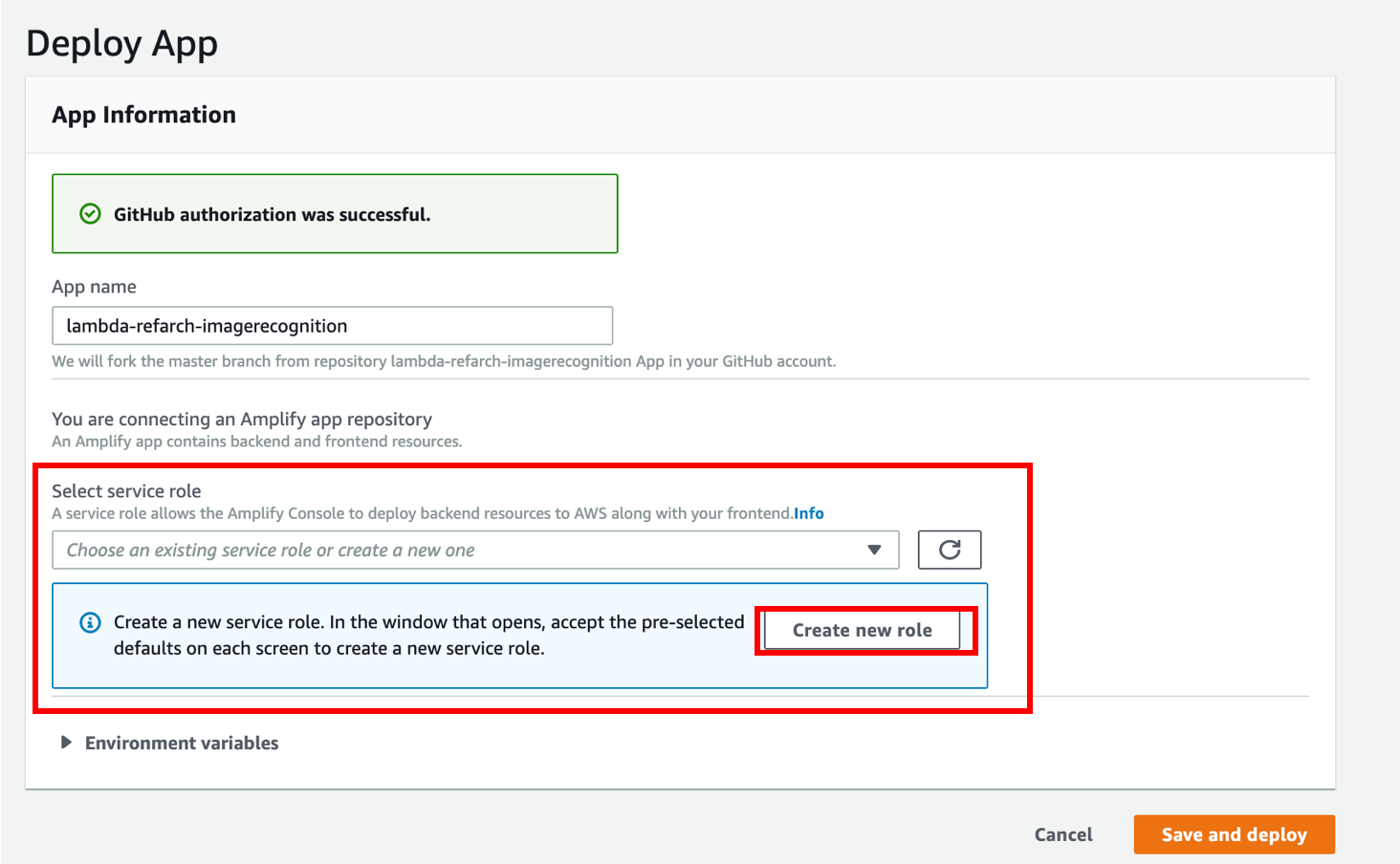 amplify console select role or create new role