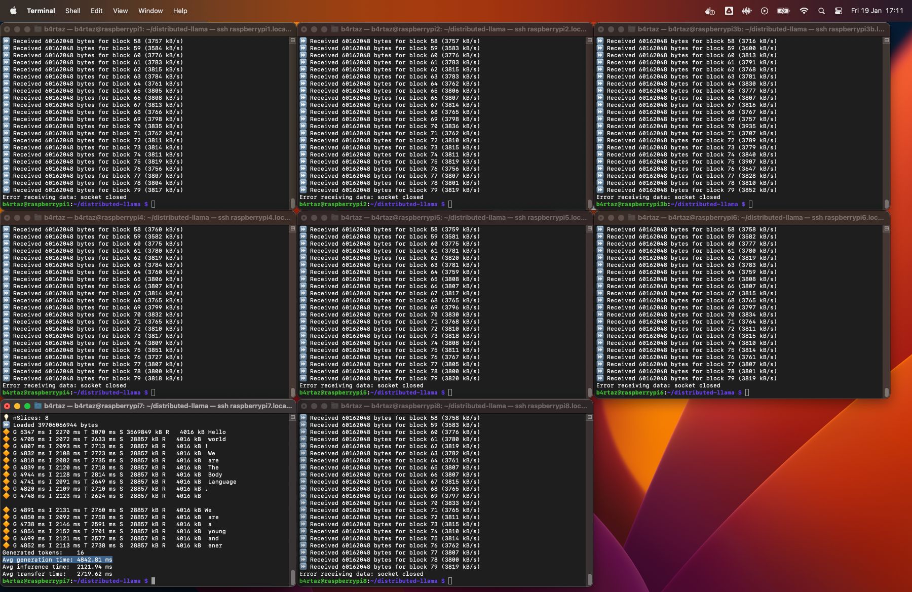 Distributed Llama running on 8 Raspberry Pi 4B devices