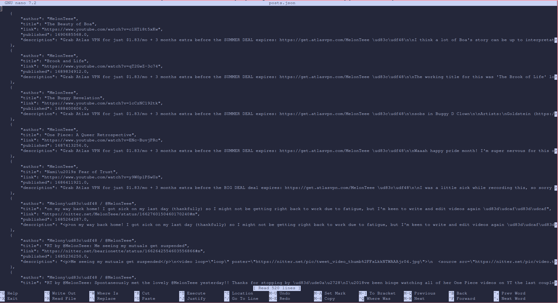Screenshot of json file full of parsed information