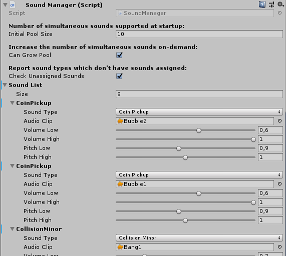 SoundManager pane in Inspector