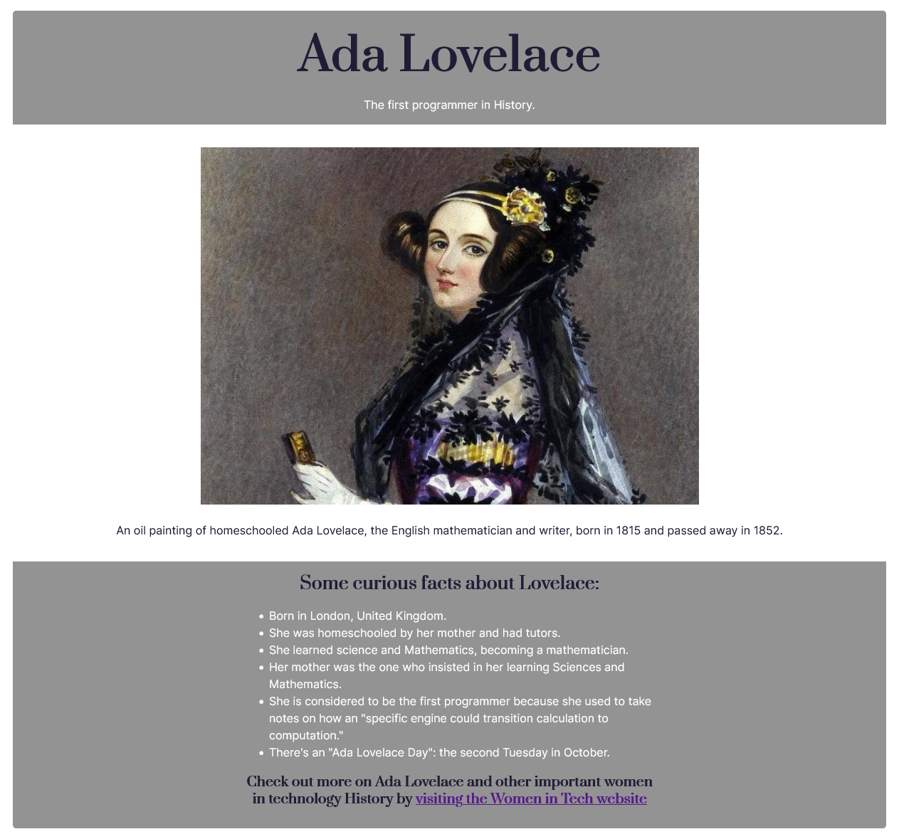 my desktop solution of the freecodecamp number one project from the responsive web design course: a very simple tribute page to Ada Lovelace