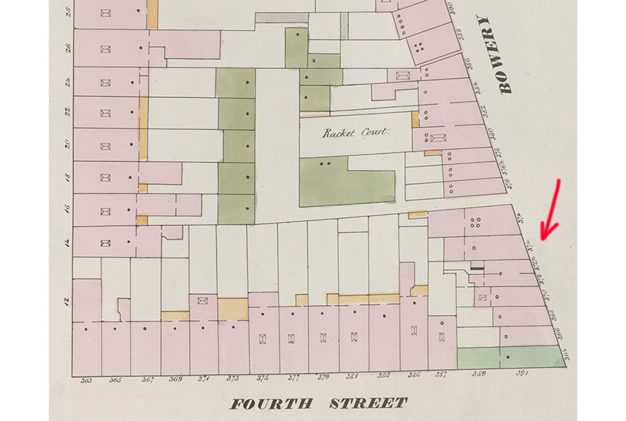 Part of 1875 map showing 374 Bowery in Manhattan