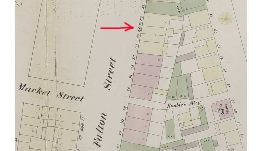 Part of 1855 map showing 84½ Fulton Street in Brooklyn