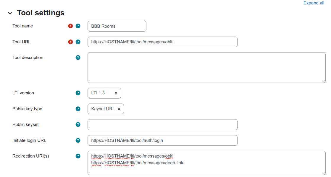 Step 1, 'configure a tool manually' in Moodle