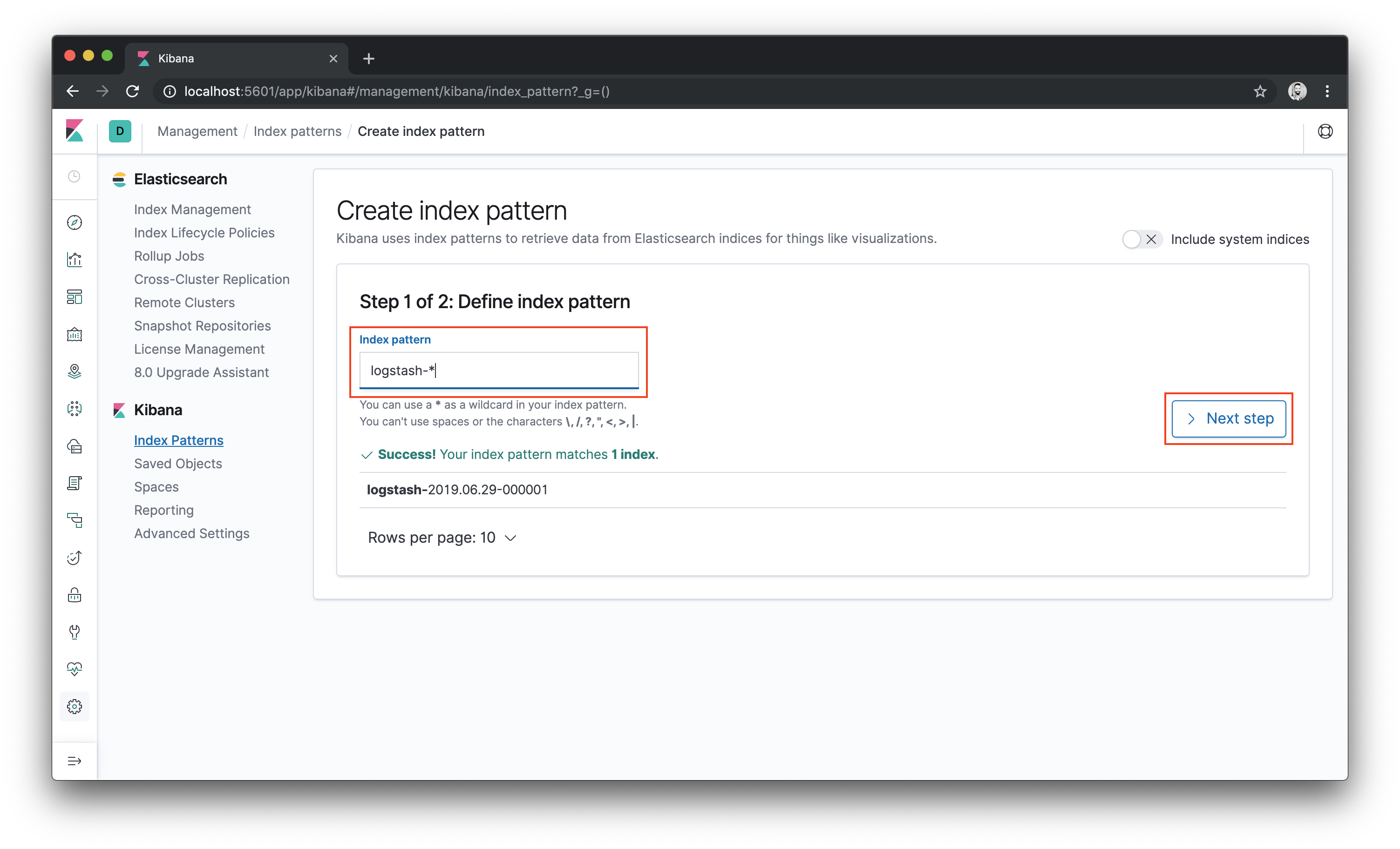 Creating index pattern