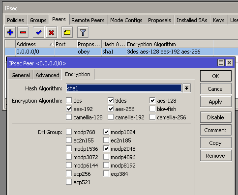 IPSec Peer - Encryption tab