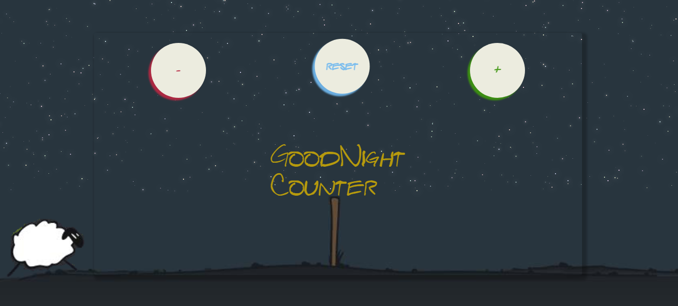 It shows the 3 colored control buttons , a starry sky, the sheep that will move back and forth , the fence and the ground . In the middle the project name which will be replaced by the counter value when activated