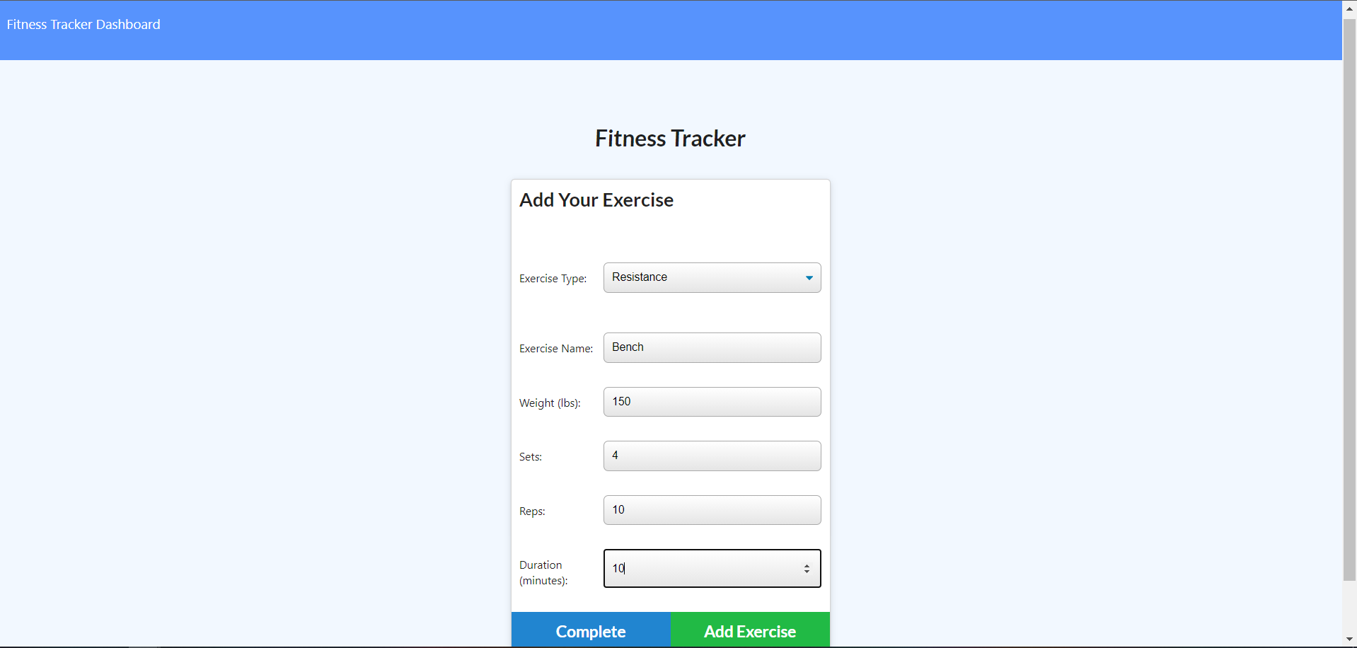 Screenshot of add excercise page