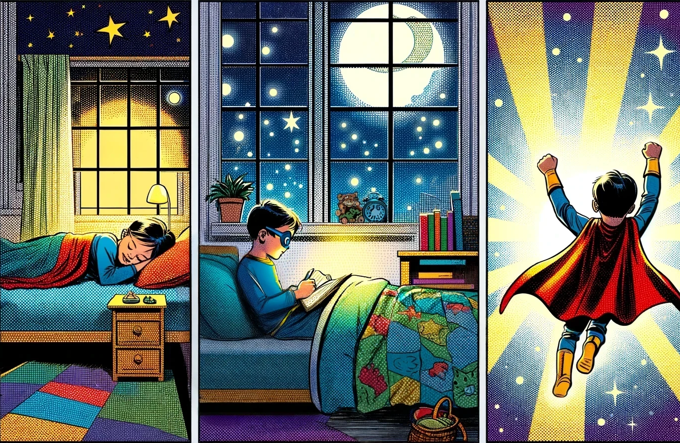 AI generated comic style scene of a child in bed, reading, then getting up to fight crime