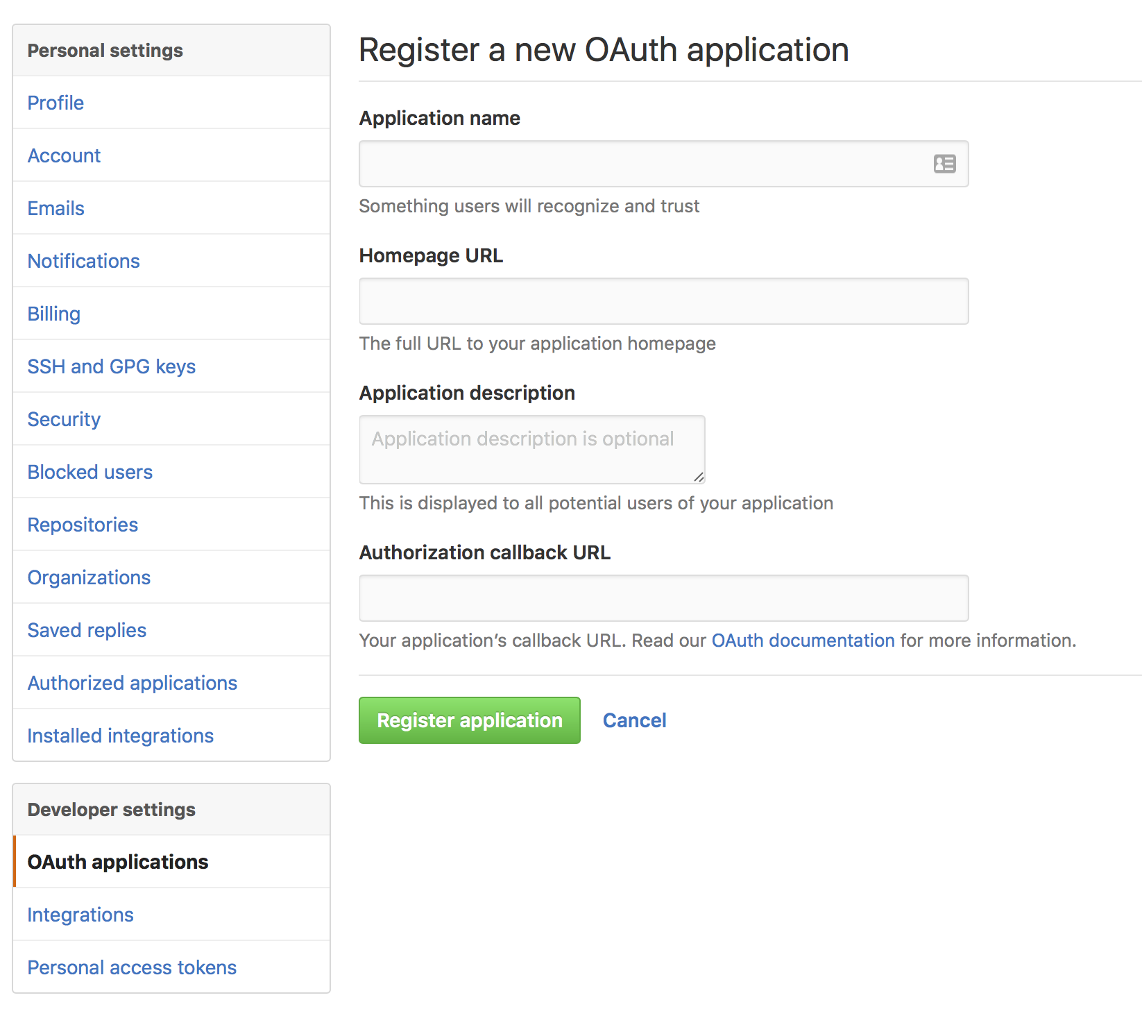 GitHub OAuth application form