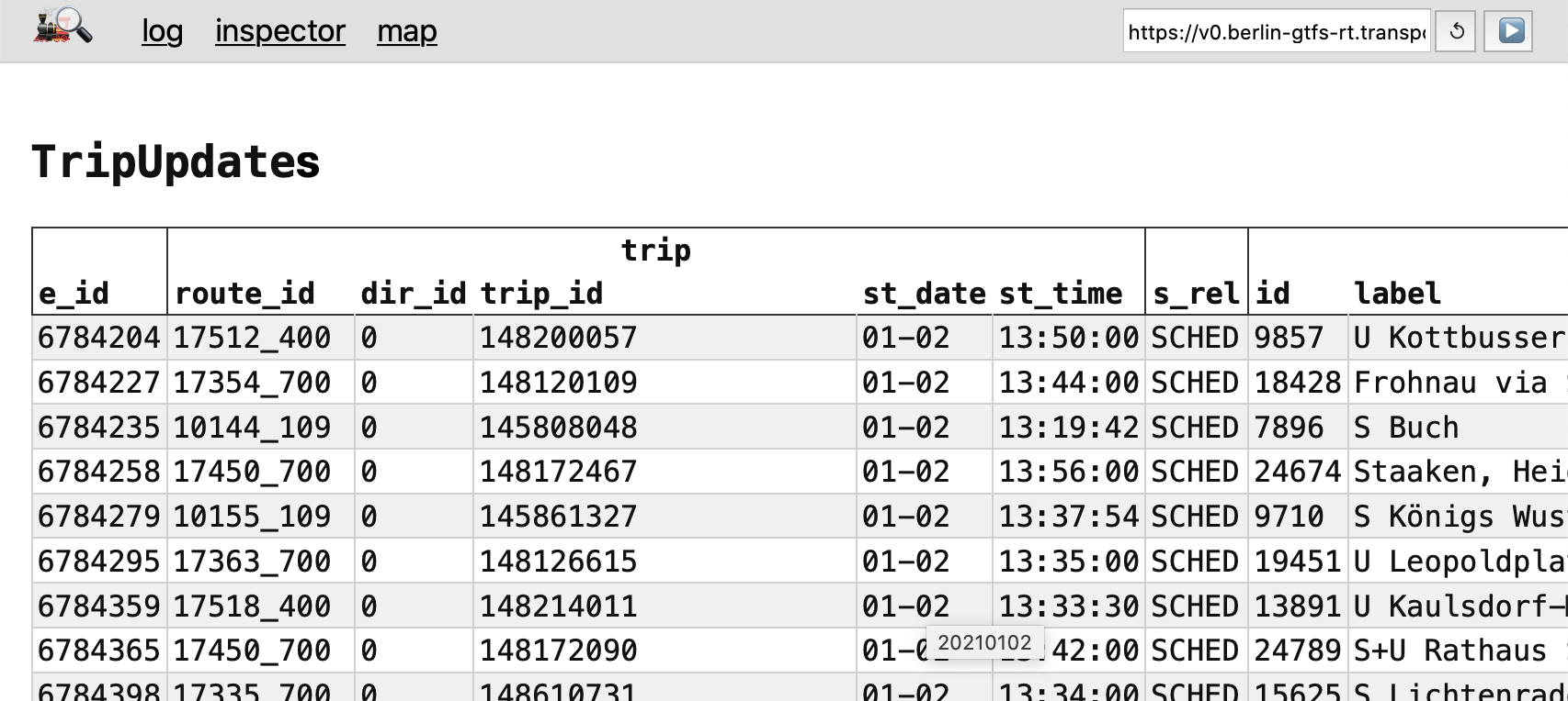 screenshot of the inspector view showing a feed's data