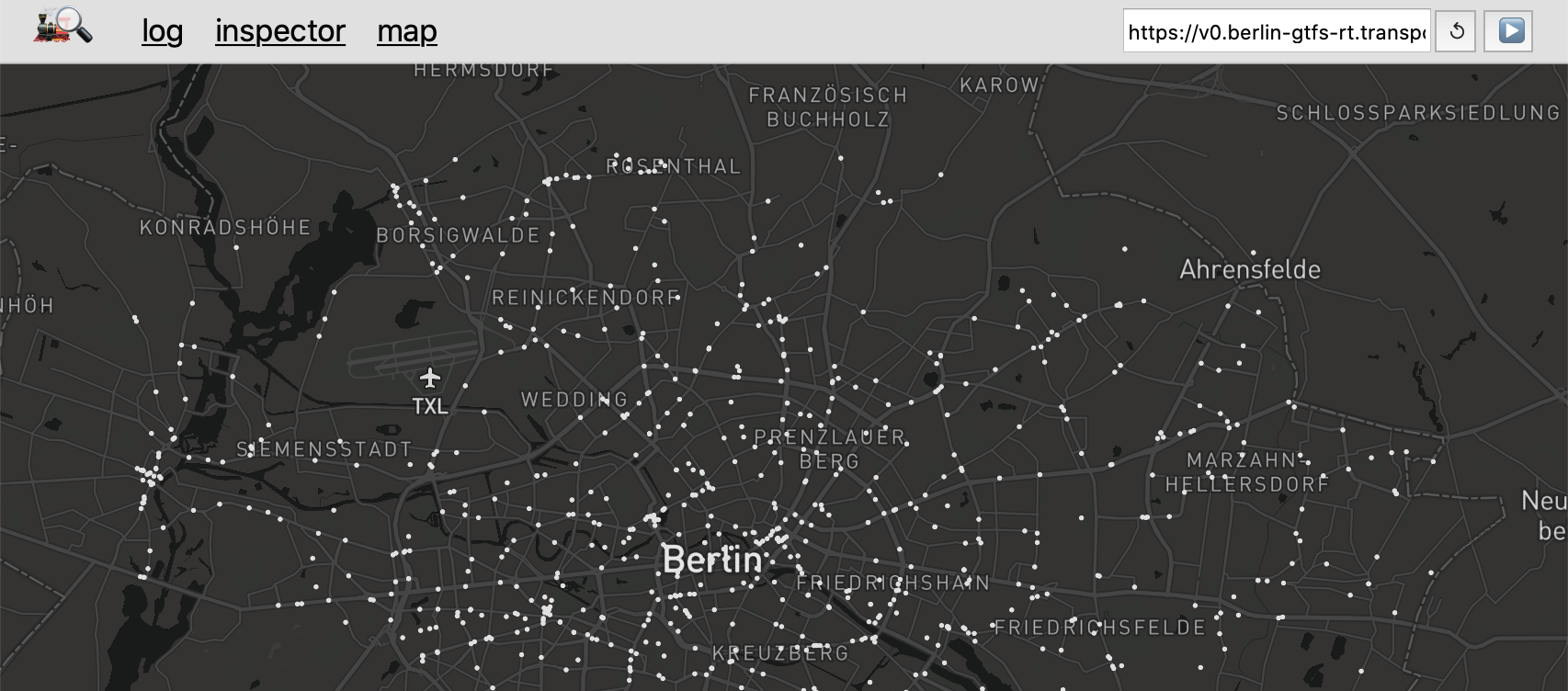 screenshot of the map view showing a feed's vehicle positions