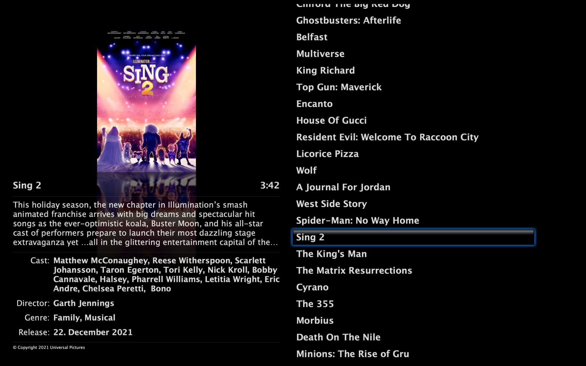 Screenshot of macOS app. The screen is split vertically in two halves. The left half shows a movie details screen, with (from top to bottom) poster image, title, synoptis as well as metadata visible. The right half of the screen contains a list of movie titles. The title in the middle of the list is highlighted with a blue box, it reads 'Sing 2'. The movie poster and information on the left is for this movie.