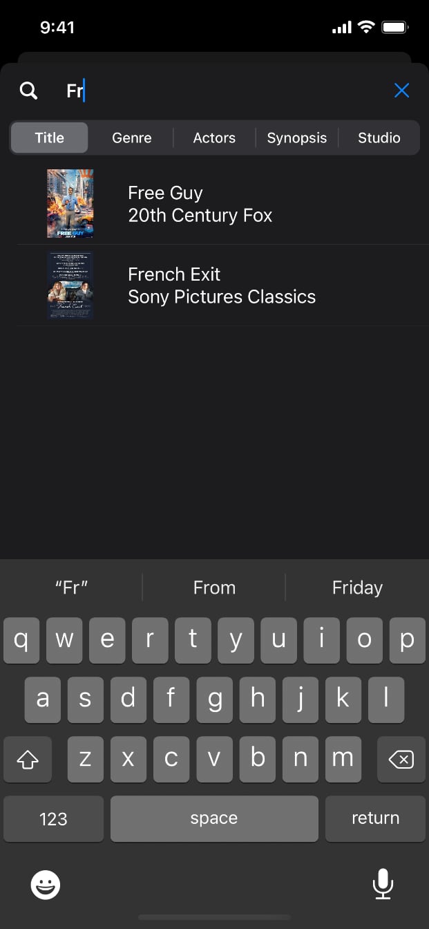 Screenshot of iOS app showing a search screen, with (from top to bottom) a search bar, list of search options, search results (movie titles), as well as the keyboard visible.