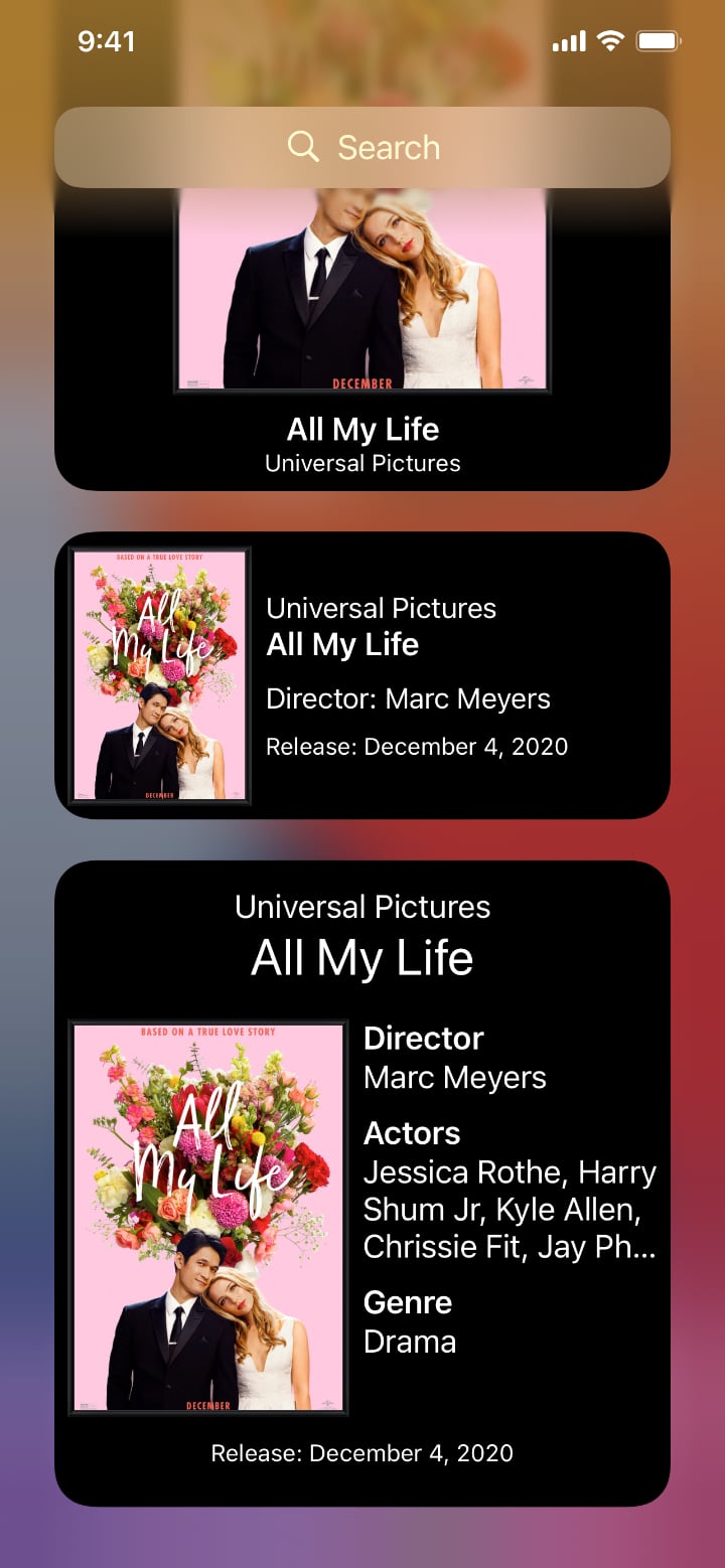 Screenshot of iOS home screen showing a search bar and three widgets. Each widget shows at least a movie title and corresponding poster image; while some show metadata, as well.